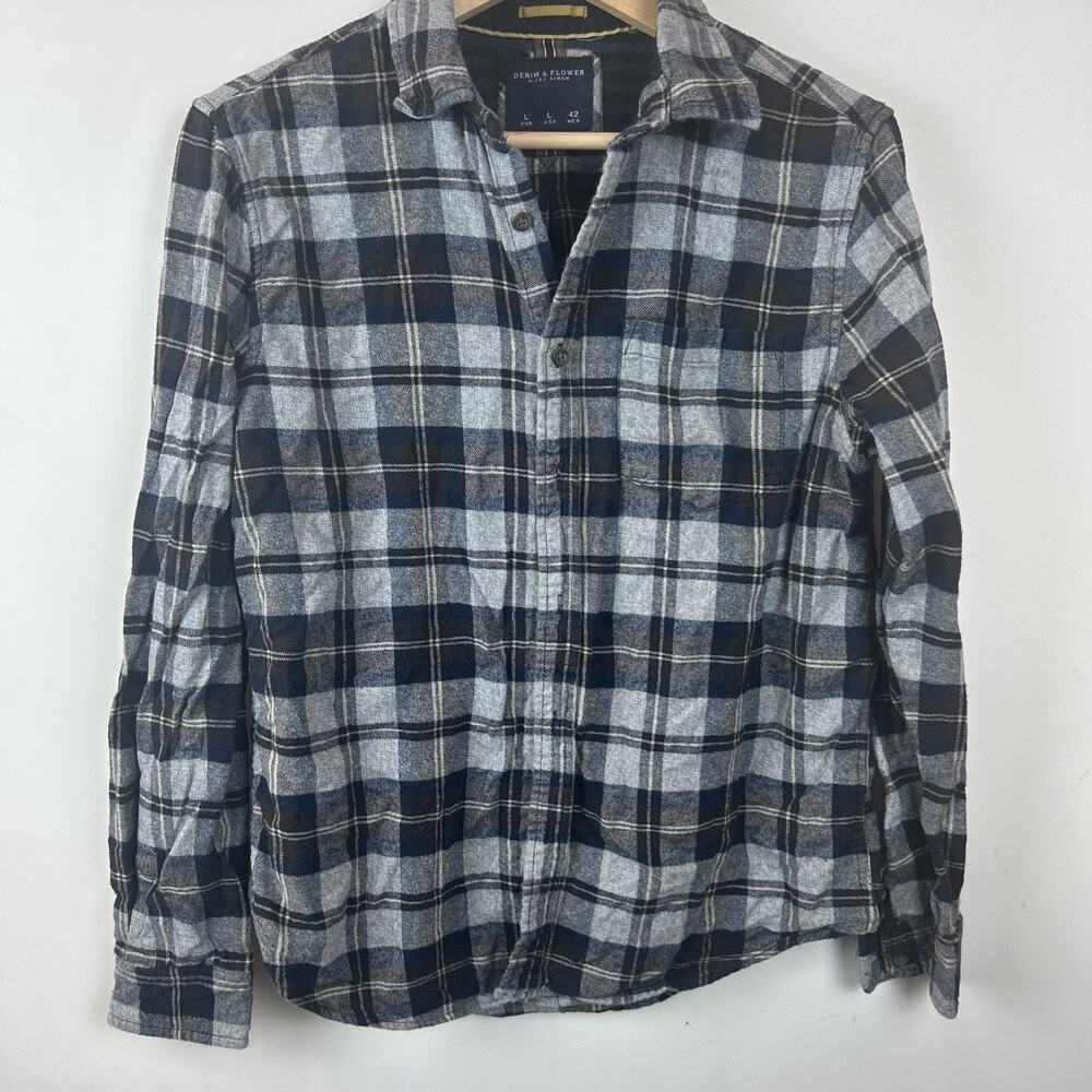 Denim & Flower Mens L Blue Plaid Long Sleeve Button-Up Flannel Shirt